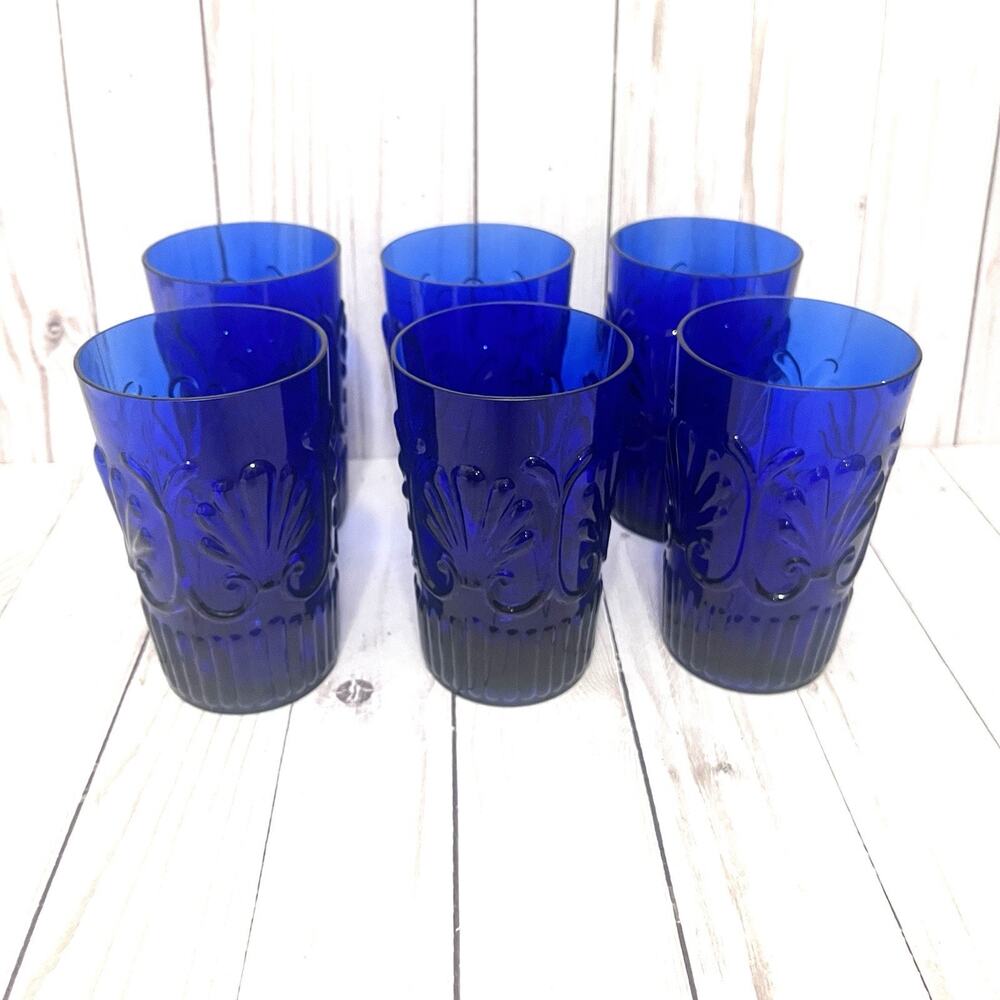Rare Baroque Revival Cobalt Blue Pressed Glass Tumblers MCM Portuguese Style (6)